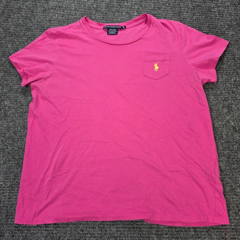 Ralph Lauren Sport T-Shirt Women's XL Pink Short Sleeve Pocket Yellow Pony Logo